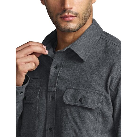 Mens Solid Grey Mood Cotton Flannel Shirt Long Sleeve Casual Outdoor Plaid - Picture 8 of 9